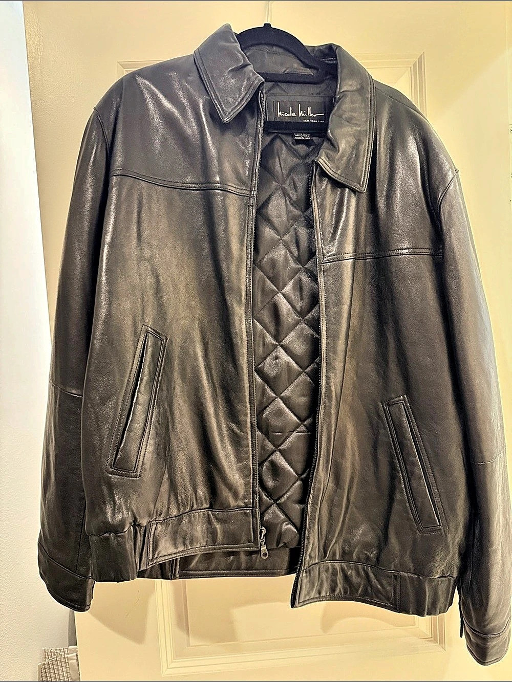 Nicole Miller men’s  Black Leather Quilted Jacket Like New